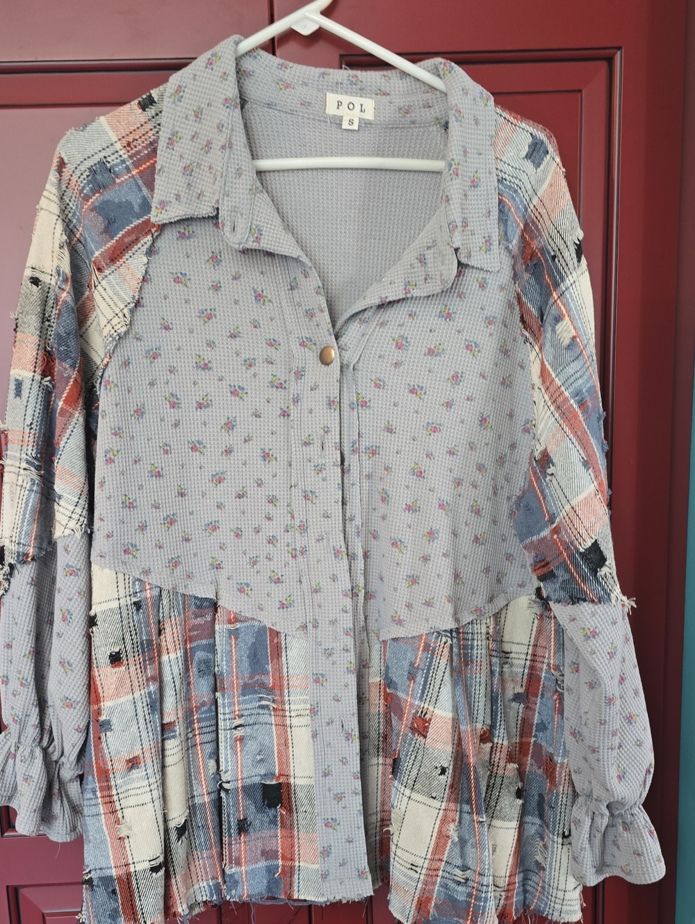 POL Lavender Floral and Blue Rust Plaid Mixed Media Shirt